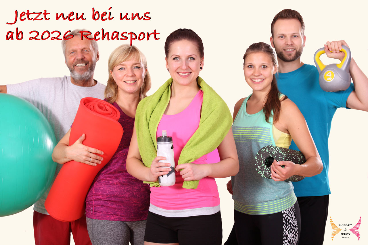 Menschen sportlich bekleidet und Ankündigung Rehasport ab Januar 2026 bei Physiofit Worms
