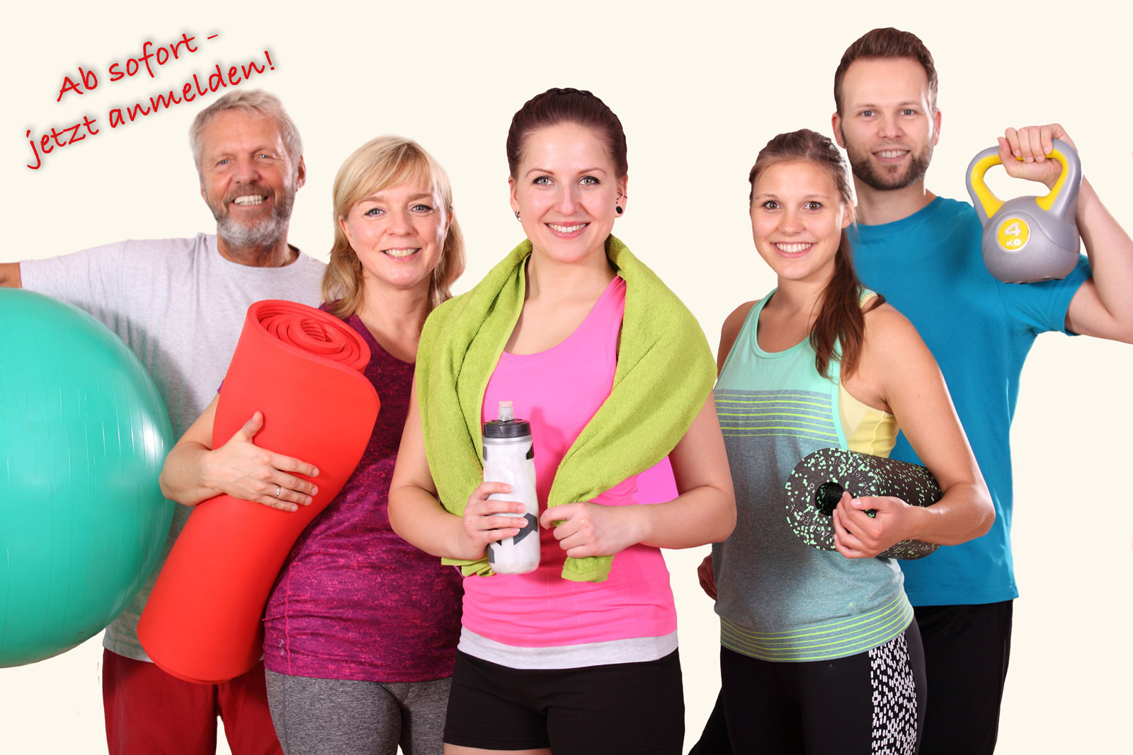 Menschen sportlich bekleidet und Ankündigung Rehasport ab 01. Februar 2026 bei Physiofit Worms besuchen